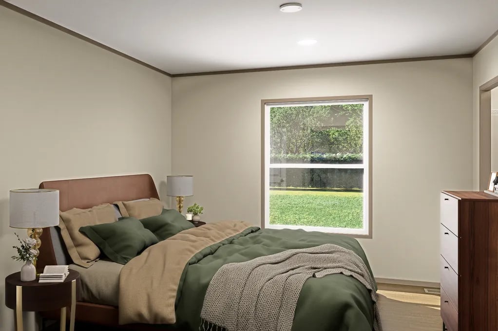 Primary bedroom in the Clayton Epic Mariner manufactured home