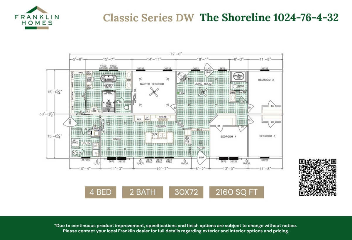 The Shoreline 32x76 four-bedroom floor plan by Franklin Homes
