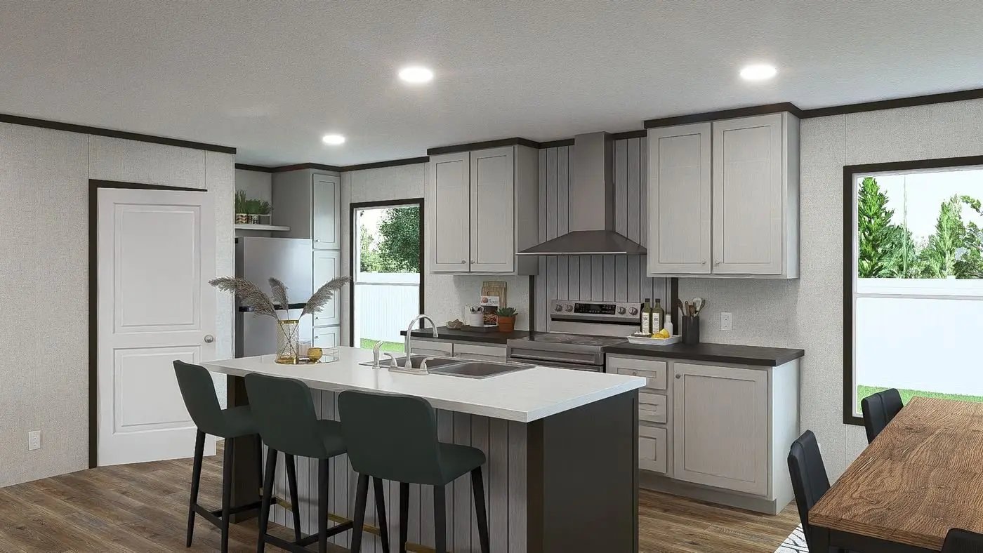 Modern island kitchen in the MiYO Empower manufactured home