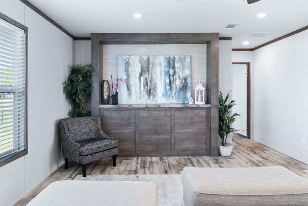 Built-in living room cabinetry in the Jessup Royal double-wide