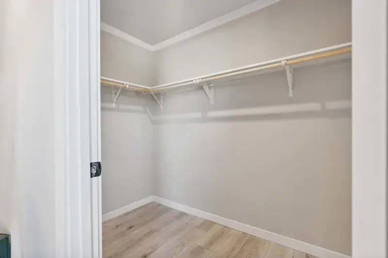 Walk-in primary bedroom closet with wraparound shelving in The Carol home