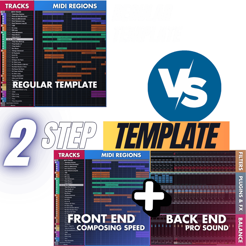 Regular Template (Tracks + MIDI Regions) vs 2-Step Template (Front End Composing Speed + Back End Pro Sound)