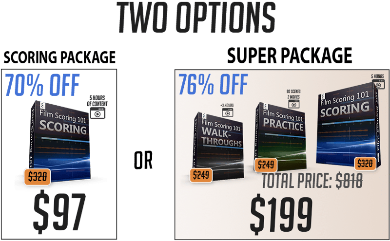 Pricing comparison — SCORING PACKAGE 70% off: $97 or SUPER PACKAGE 76% off: $199