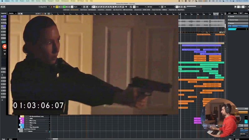 Cubase DAW screenshot showing film scoring workflow with timecode