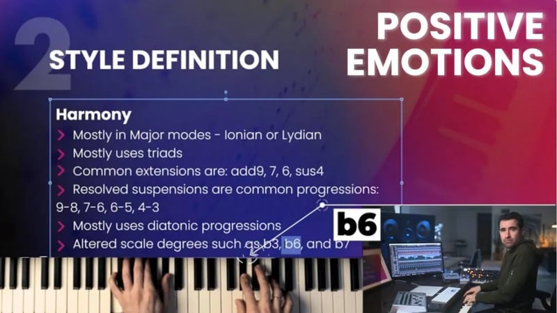 Course screenshot: Style Definition — Positive Emotions — Harmony analysis