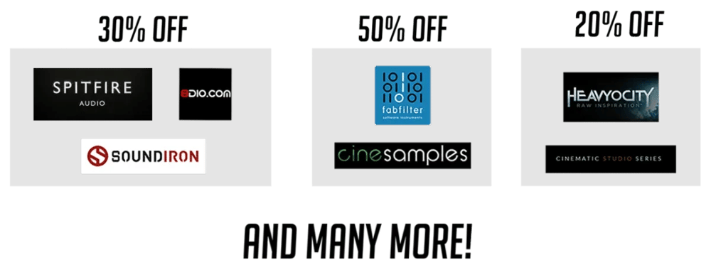 Educational discounts: 30% OFF Spitfire, 8Dio, Soundiron — 50% OFF FabFilter, Cinesamples — 20% OFF Heavyocity, Cinematic Studio Series. AND MANY MORE!