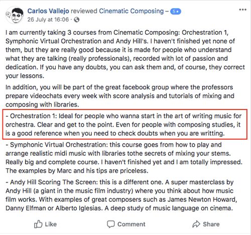 Facebook review from a Cinematic Composing student