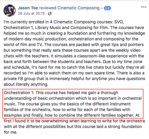 Facebook review from a Cinematic Composing student