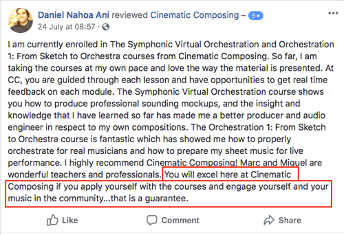 Facebook review from a Cinematic Composing student