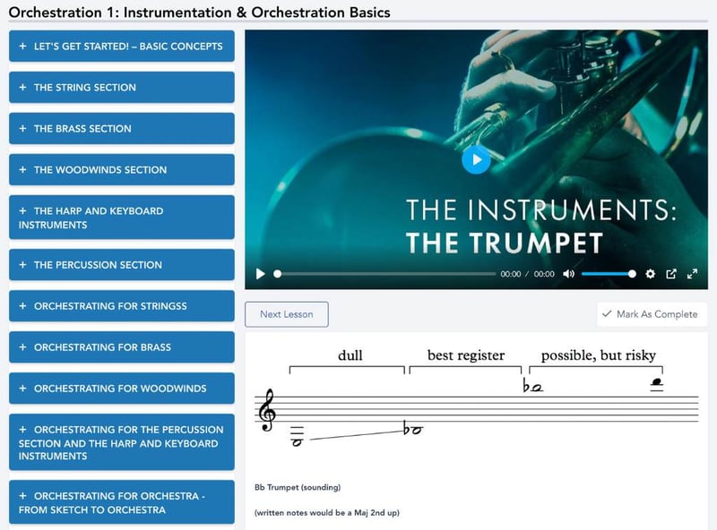 The Orchestration 1 course LMS interface showing chapter list and a video lesson on The Trumpet