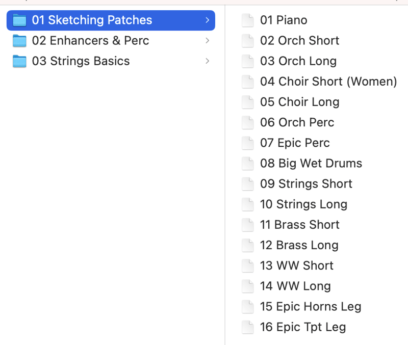 Instrument list — 01 Sketching Patches (16 instruments), 02 Enhancers & Perc, 03 Strings Basics