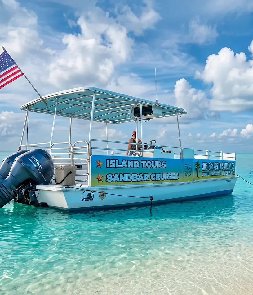 Island Time, the 32-foot sandbar tour boat at Robbie’s