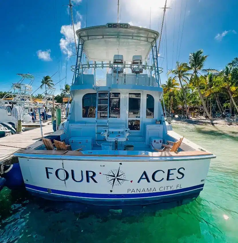 The Four Aces, a 55-foot Hatteras yacht, at Robbie’s Marina in Islamorada
