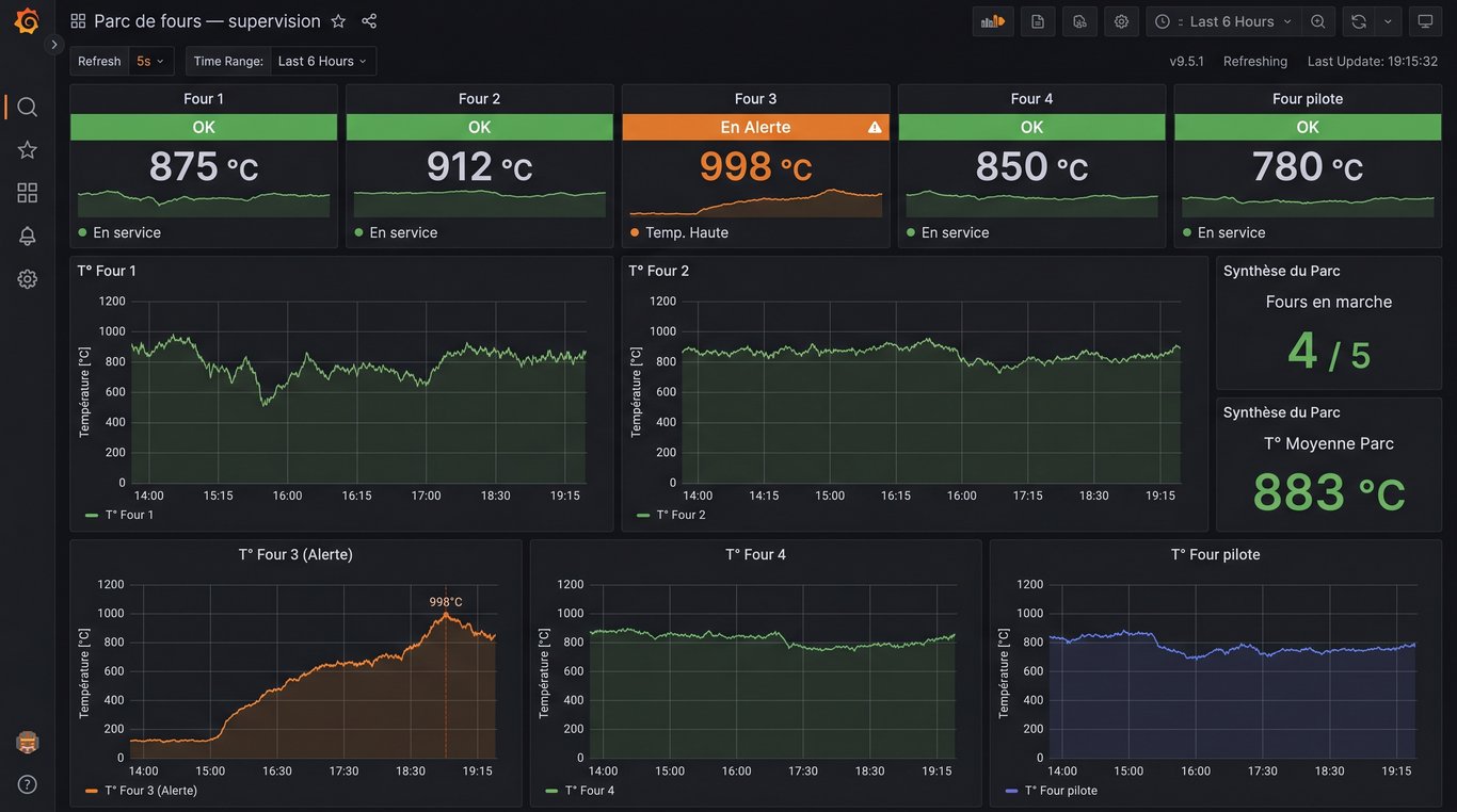 Tableau de bord Grafana affichant une vue parc de plusieurs machines