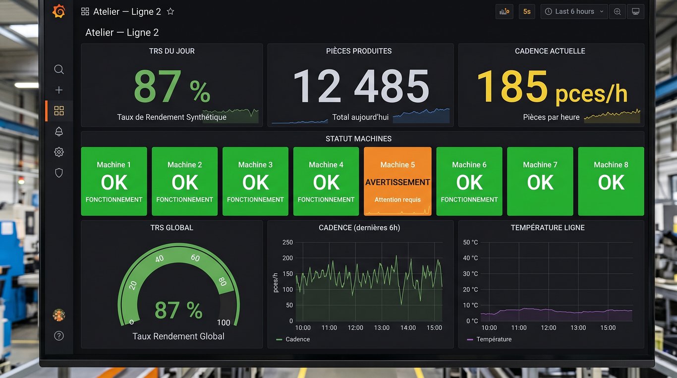 Tableau de bord industriel Grafana de type atelier avec indicateurs et voyants d'état
