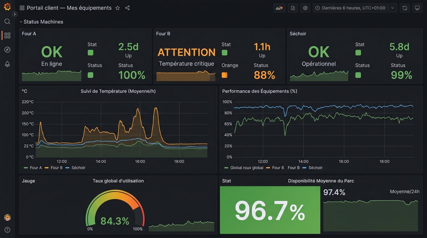 Portail client d'une machine connectée affichant l'état des équipements