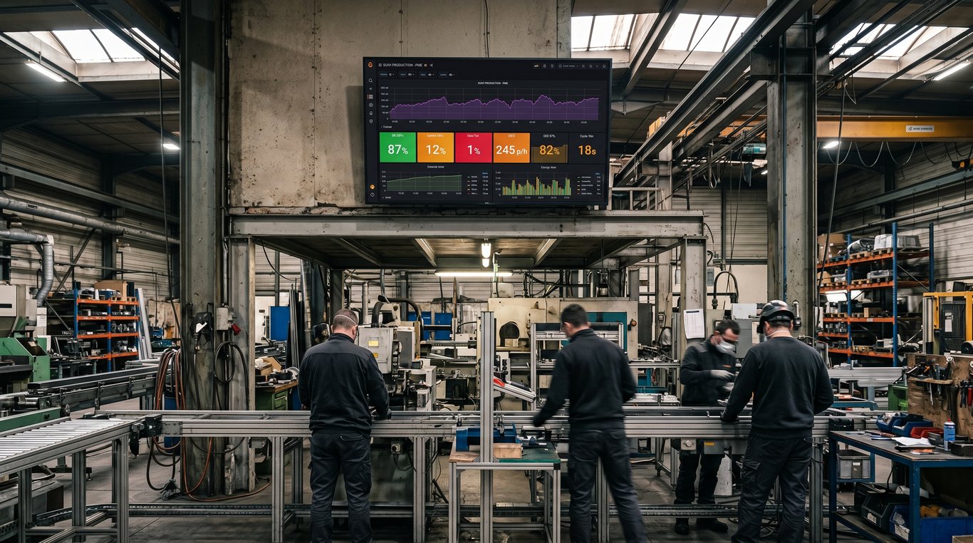 Tableau de bord industriel affiché sur grand écran en atelier