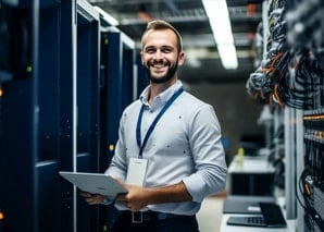 A smiling man wearing a badge and holding a tablet stands in a server room, surrounded by server racks and network cables. He appears to be an IT professional or network engineer.