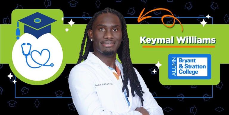 A man in a white medical coat stands smiling with arms crossed. Text reads “Keymal Williams” and displays the Bryant & Stratton College Alumni logo. A stethoscope and graduation cap illustration appears on the left.