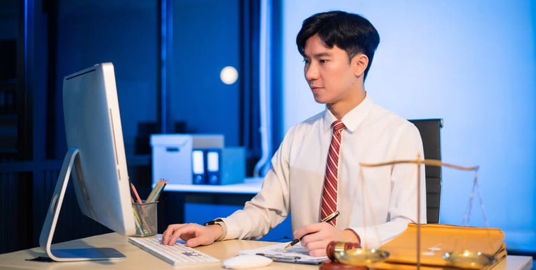 A young man in a white shirt and striped tie works at a computer in an office at night, with a notepad, scales of justice, and stationery on the desk.