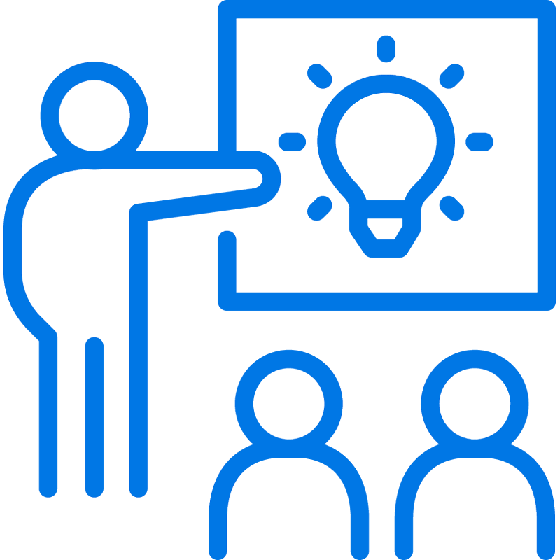 Blue line drawing of a person pointing to a board with a lightbulb icon, while two other people watch, suggesting a presentation or sharing an idea.