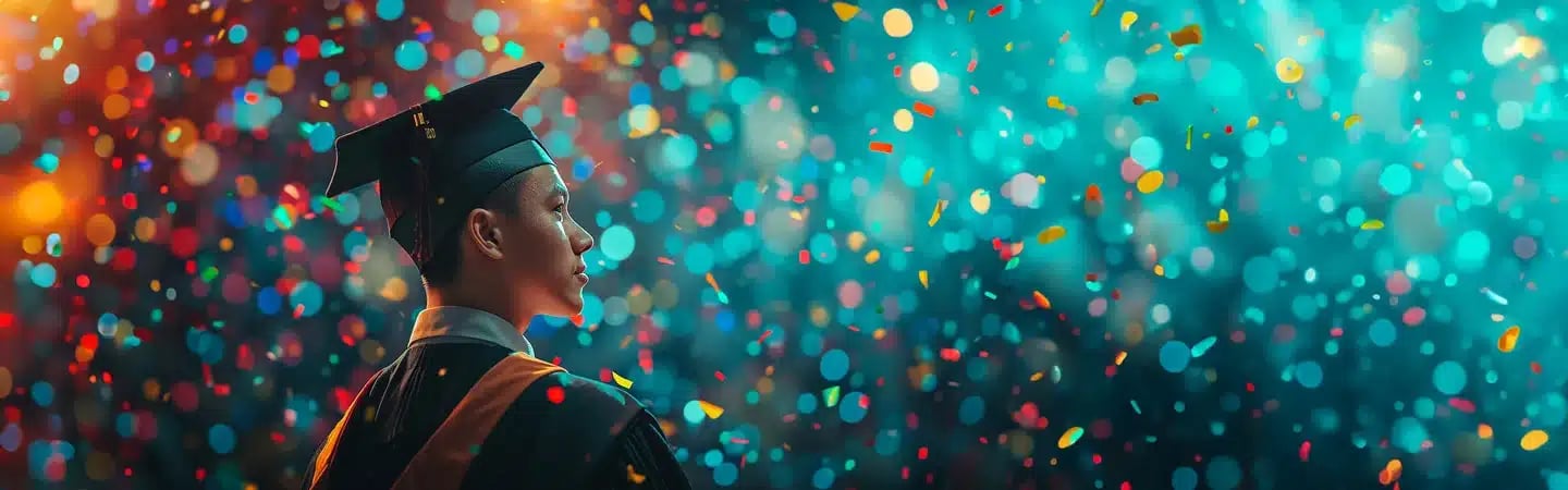 Graduate in cap and gown seen from side among colorful confetti and lights, celebrating a moment of achievement.
