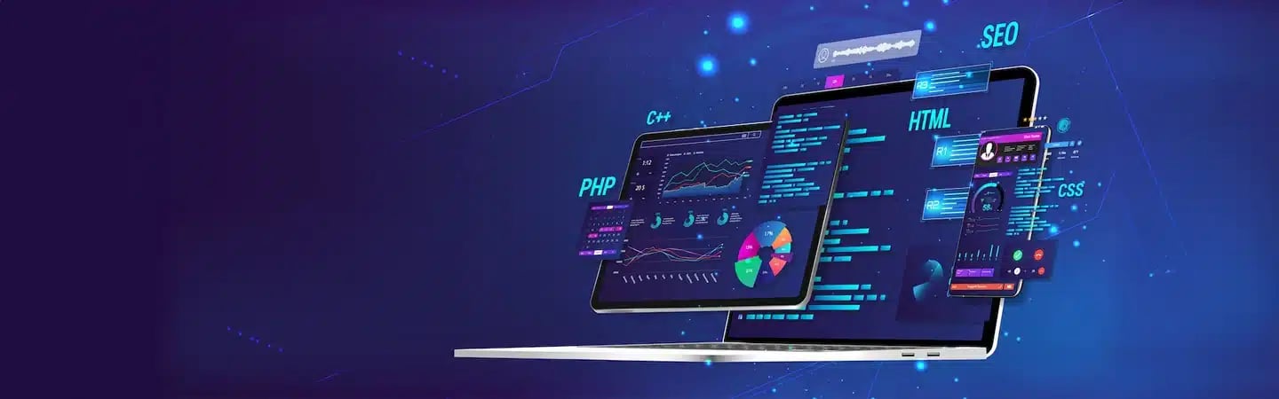 Two laptops showing colorful graphs and code snippets on screens, representing programming languages and SEO concepts.