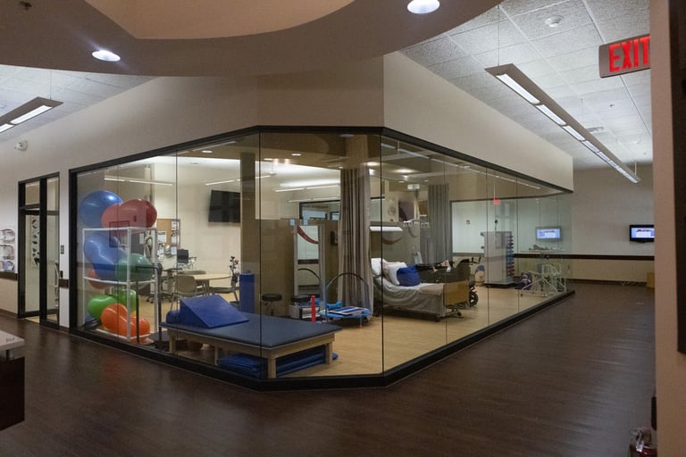 A glass-walled physical therapy room with exercise balls, a treatment bed, and other therapy equipment.