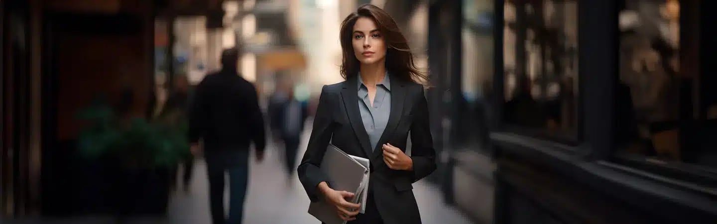 A confident woman in a business suit walks down a city street, holding a laptop and looking straight ahead.