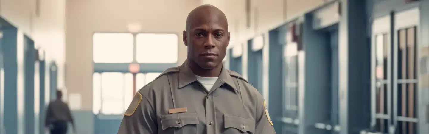 A uniformed man stands in a corridor with large windows and blue doors in the background.