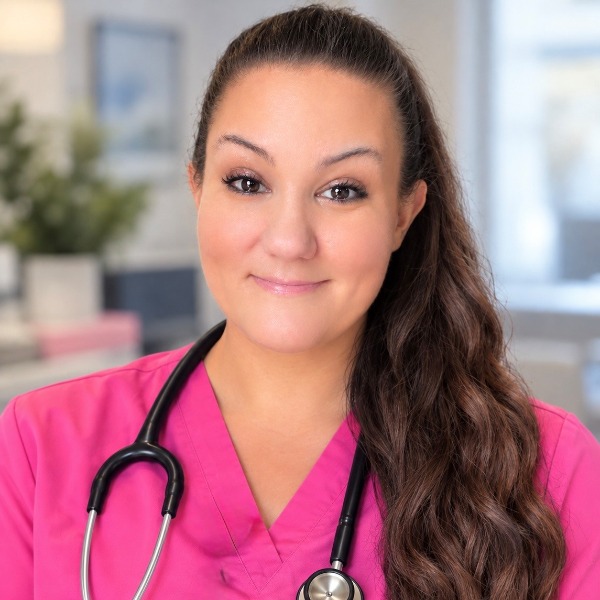 A smiling woman wearing a pink scrub top and a stethoscope around her neck.