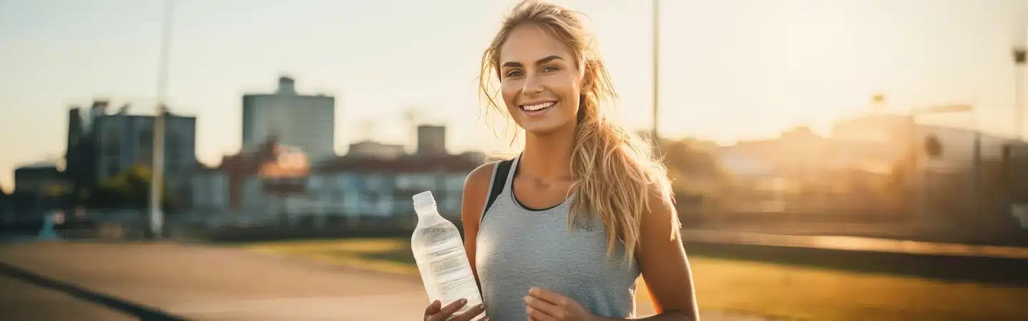 A woman in athletic wear carrying a water bottle, smiling in an urban outdoor setting at sunset.