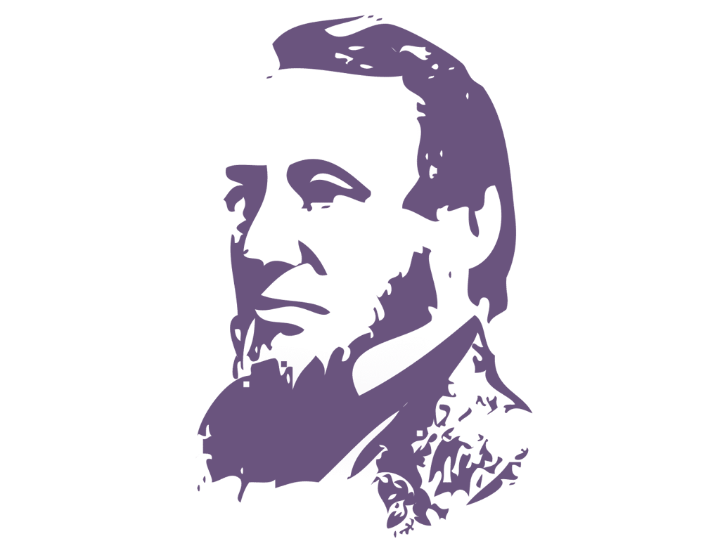 Illustration of a man with a beard and mustache, facing left, drawn in shades of purple.