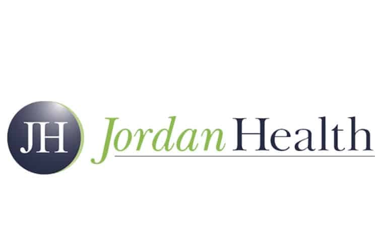 Logo of Jordan Health featuring a dark blue circle with initials "JH" on the left and "Jordan Health" text in green and blue.
