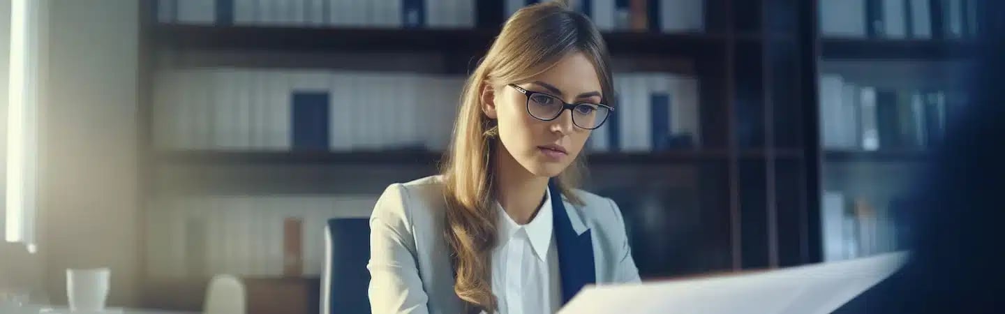 A woman wearing glasses and a blazer intently reads a document in an office setting.
