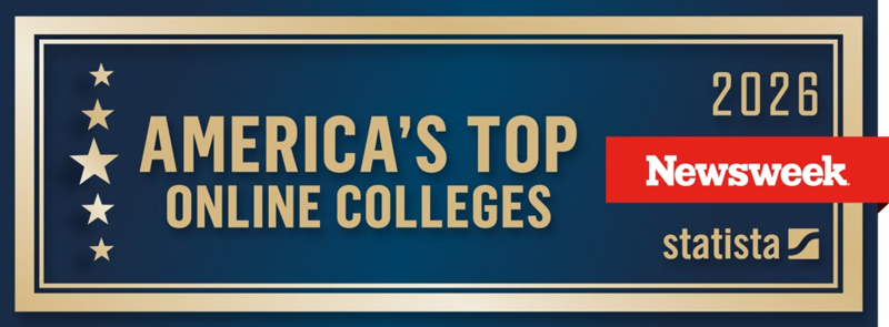 A blue and gold badge reads "America's Top Online Colleges 2026" with the Newsweek and Statista logos on the right, highlighting excellence among Top Online Colleges. Four gold stars are aligned vertically on the left side.