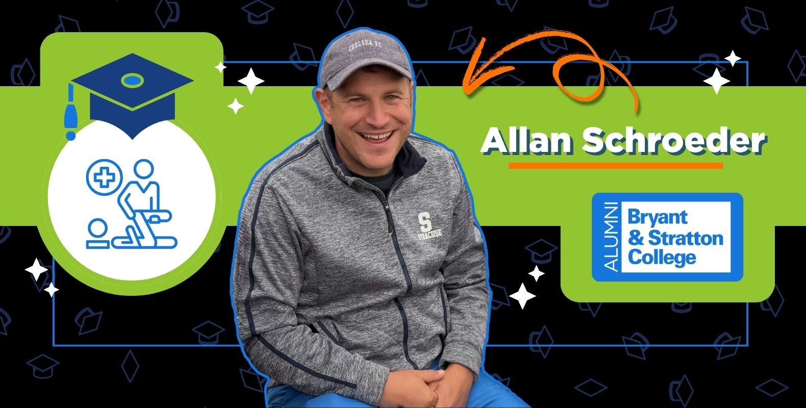 A man in a gray jacket and blue cap sits smiling. Next to him are icons, including a graduation cap, "Allan Schroeder," "ALUMNI," "Bryant & Stratton College," and symbols celebrating Occupational Therapy Month on a green and navy background.