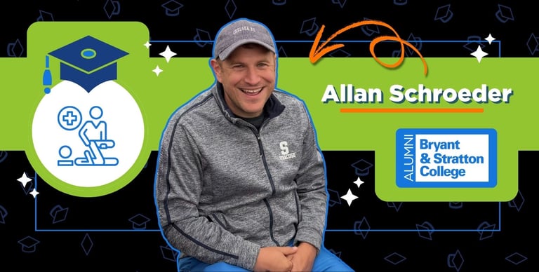 A man in a gray jacket and blue cap sits smiling. Next to him are icons, including a graduation cap, "Allan Schroeder," "ALUMNI," "Bryant & Stratton College," and symbols celebrating Occupational Therapy Month on a green and navy background.