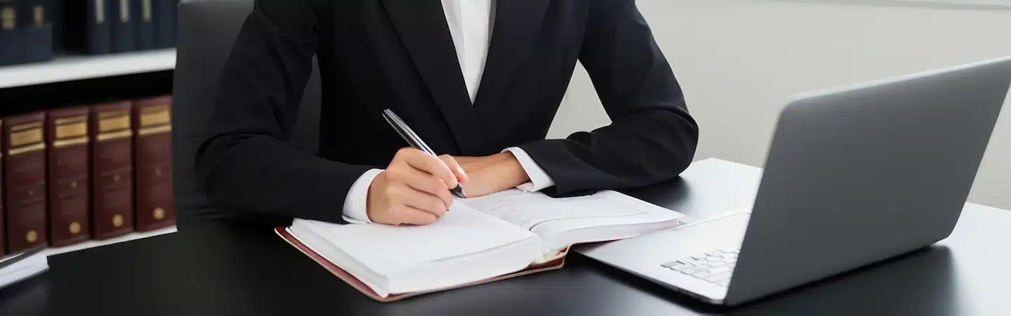 Person in formal attire writing in a notebook at a desk with a laptop, bookshelves in the background.