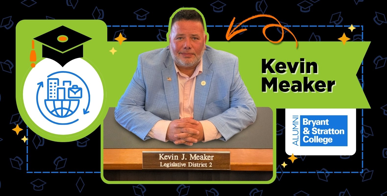 A man in a light blue jacket sits at a desk with a nameplate reading “Kevin J. Meaker, Legislative District 2.” Text reads “Kevin Meaker,” with Bryant & Stratton College alumni mentioned. Graduation icons decorate the image.