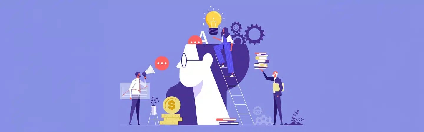 Illustration of people working around a giant head with a lightbulb, gears, books, and a megaphone, symbolizing ideas and teamwork.