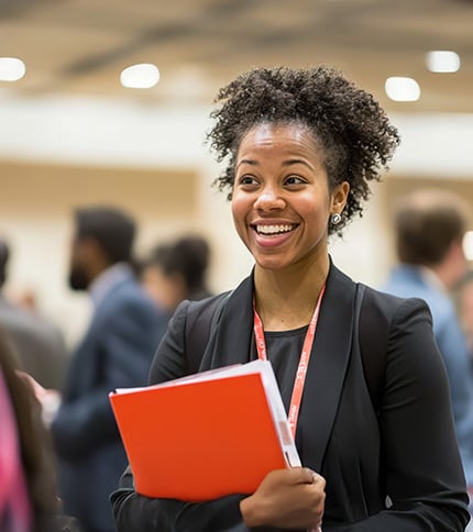 A smiling woman in business attire holds a red folder and wears a conference badge, standing at a bustling Career Expo with other attendees blurred in the background.