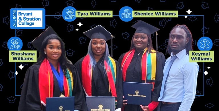 Four people pose in graduation attire, three holding diplomas, as the Williams Sisters celebrate a proud family legacy at Bryant & Stratton College. Labels identify Shoshana, Tyra, Shenice, and Keymal Williams by the college logo in the background.