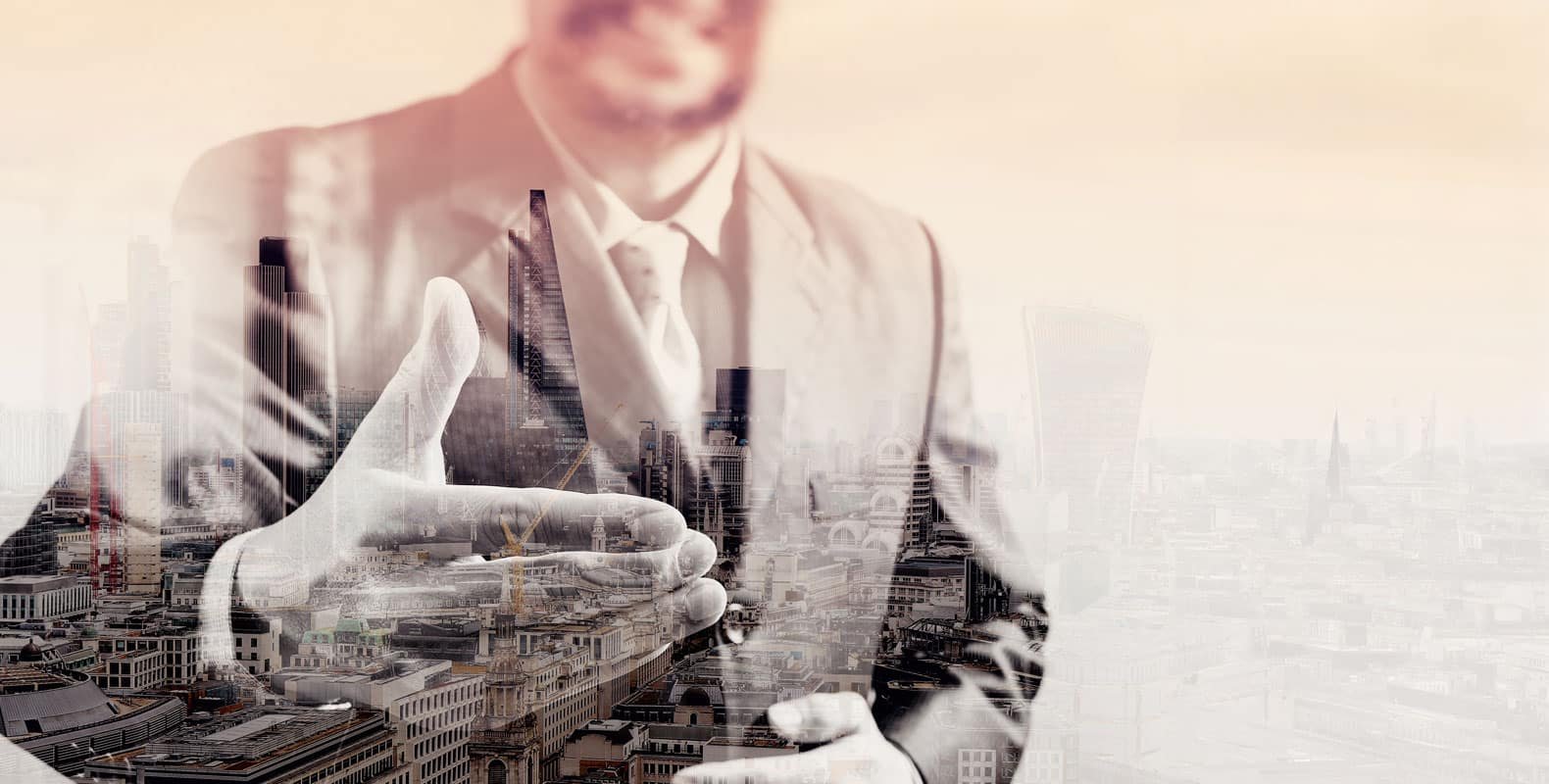 double exposure of businessman with an open hand ready to seal business deal