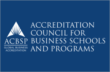 Logo of Accreditation Council for Business Schools and Programs on a blue background. Text reads "ACBSP Global Business Accreditation.