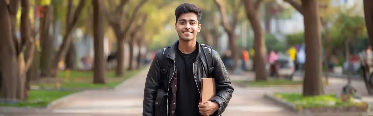 Smiling young man with a backpack and a book walking down a tree-lined path in a park.