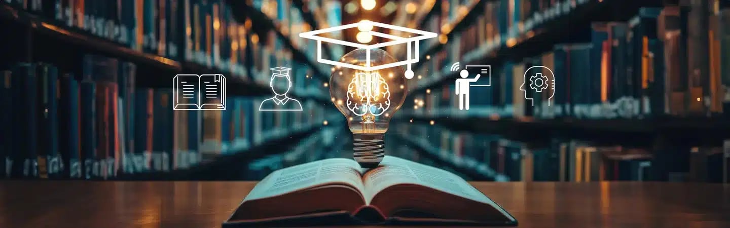 Open book with a glowing light bulb above it; library background with icons depicting education and learning concepts.