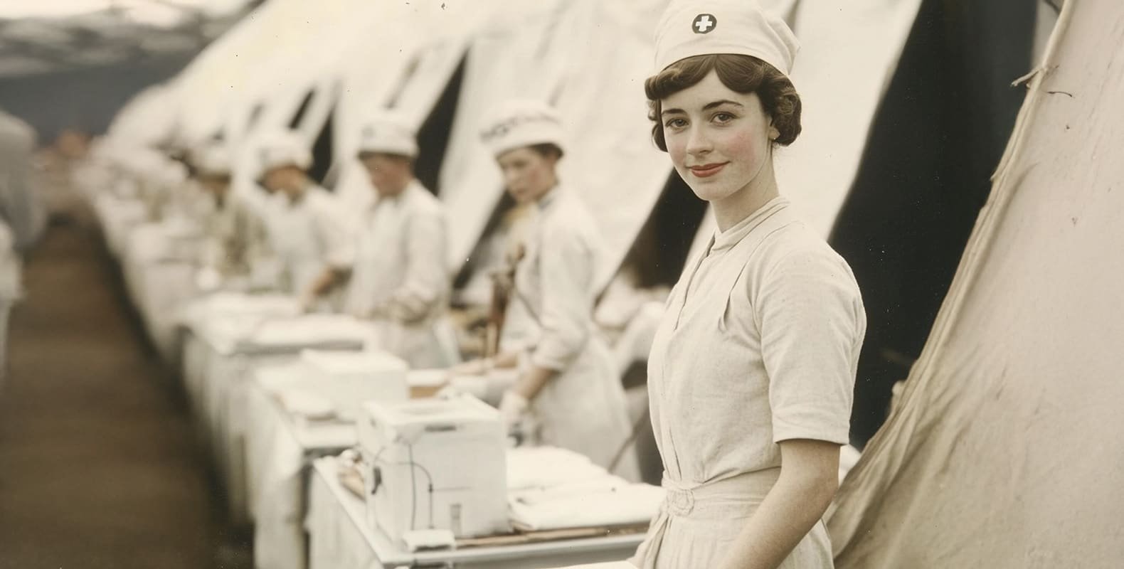 A young nurse in a white uniform and cap stands outside a row of medical tents, smiling at the camera, while other nurses work in the background.