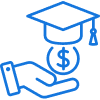 Line drawing of a graduation cap above a dollar sign, with an open hand underneath.