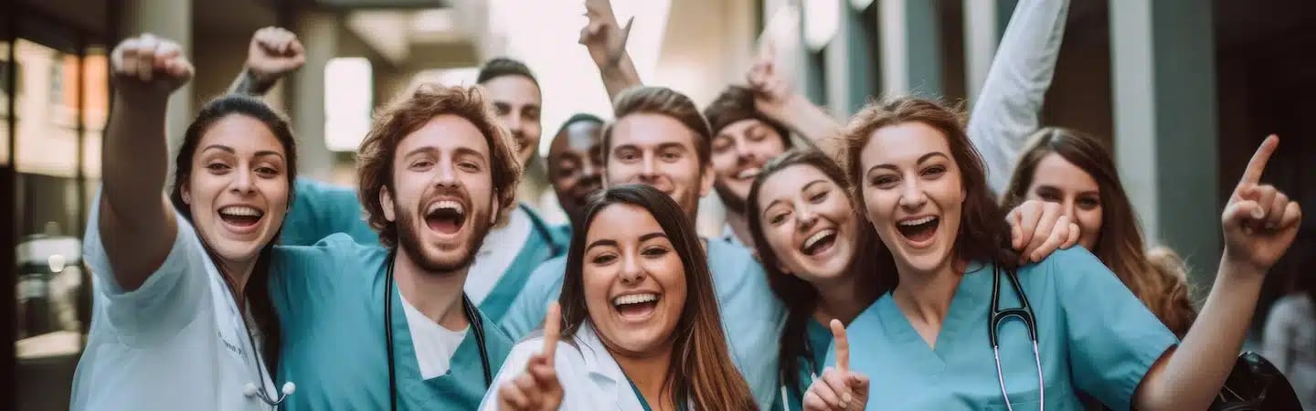 A group of diverse healthcare professionals in scrubs cheerfully raising their arms and smiling in a corridor.